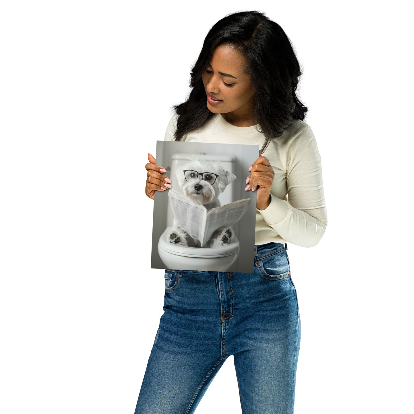 Morning Routine - Maltese Dog with Newspaper on Aluminum Metal Frame - HighAZCreations
