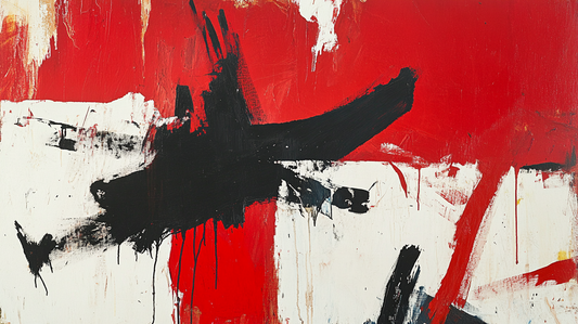 Bold abstract painting featuring dynamic black brushstrokes over a red and white background, with expressive splatters and drips in a raw, energetic composition.