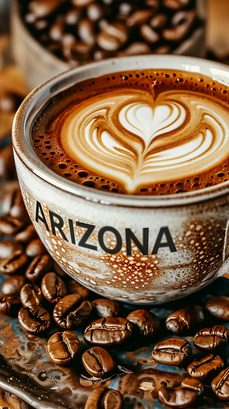 Latte art heart design in a ceramic coffee cup labeled 'Arizona', surrounded by roasted coffee beans.