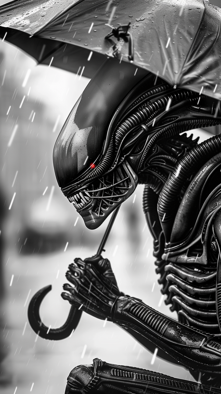 Dark biomechanical alien creature holding an umbrella in the rain, rendered in black and white with detailed textures and a surreal sci-fi aesthetic.