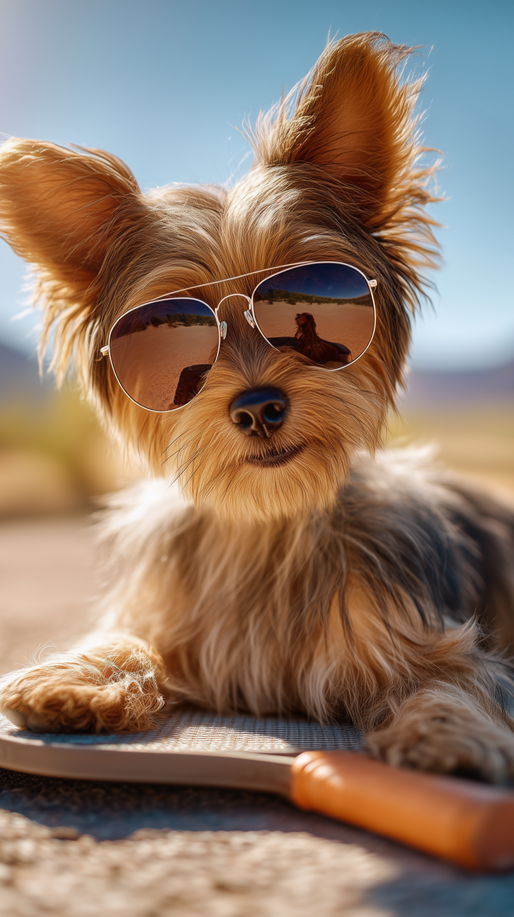 Yorkshire Terrier wearing aviator sunglasses, lying on a notebook outdoors with a bright blue sky in the background.
