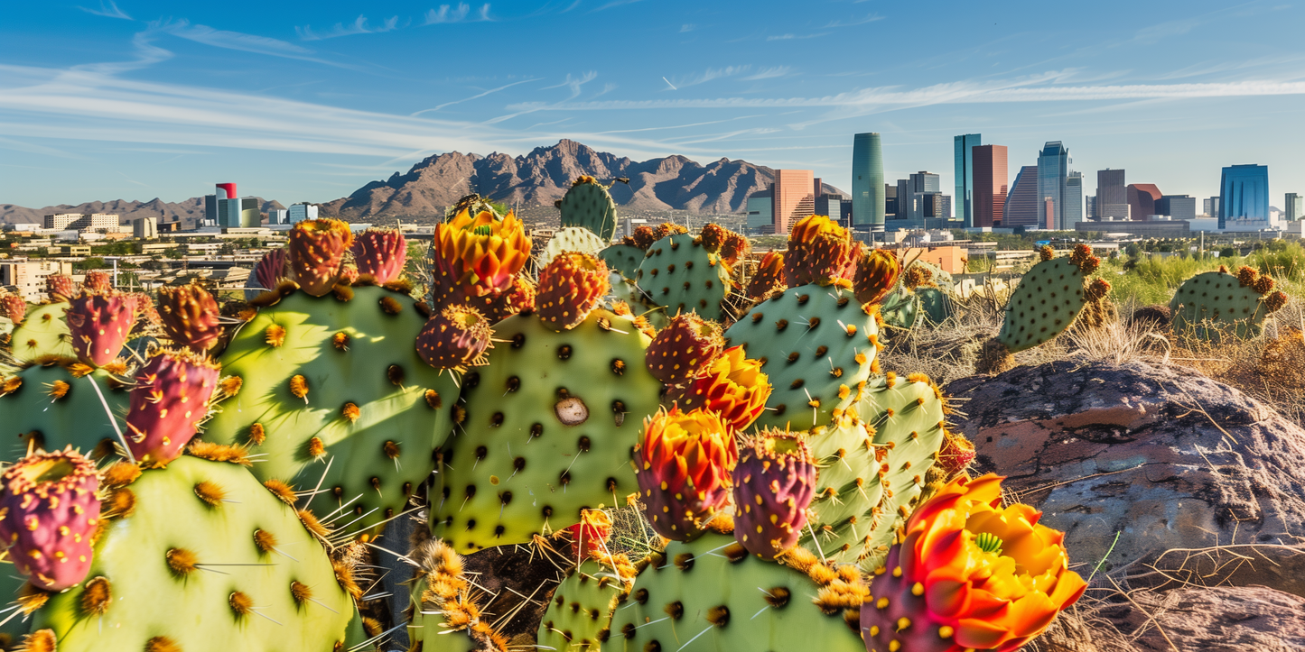 Prickly Pear Cactus with Phoenix Cityscape Wall Art on Aluminum Frame