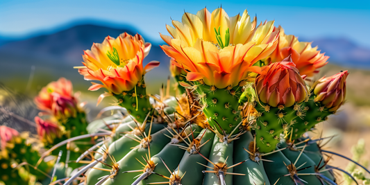 Blooming Prickly Pear Cactus Flowers with Arizona Skyline Wall Art on Aluminum Frame