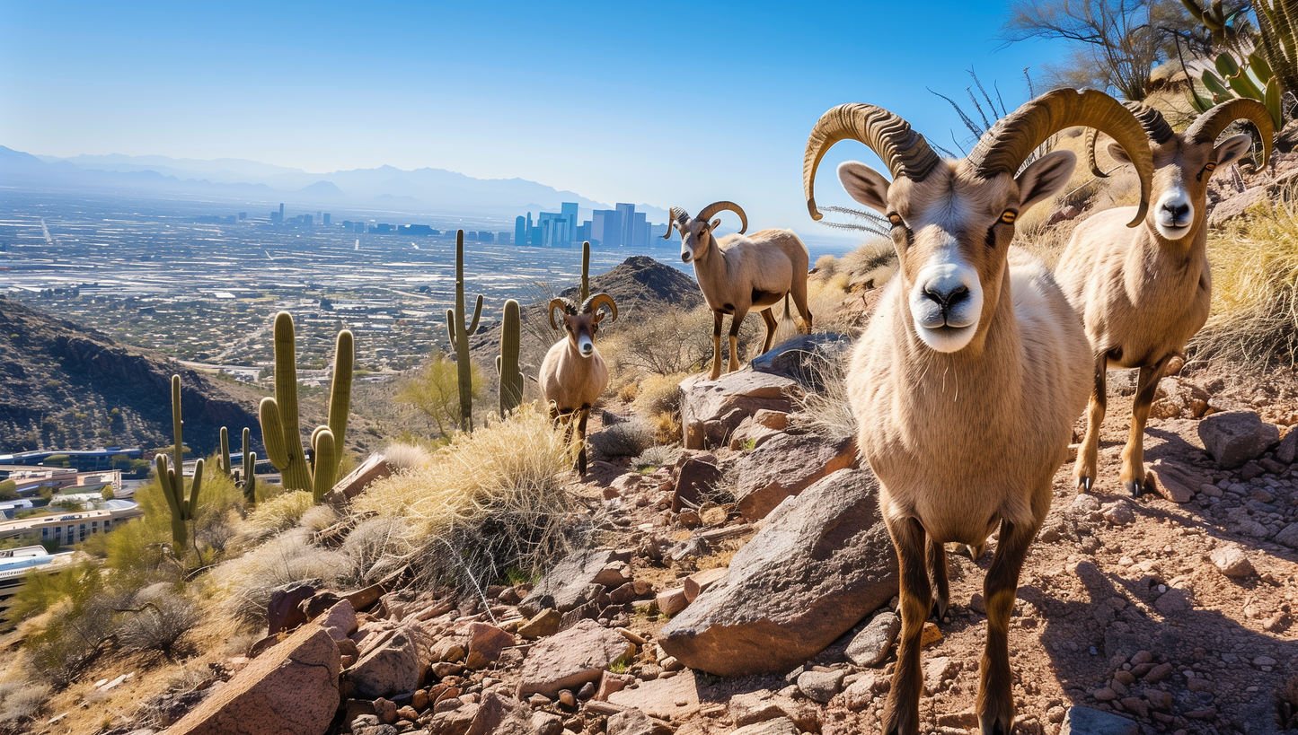 Desert Nobility - Bighorn Sheep with Urban Backdrop Wall Art on Aluminum Frame