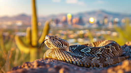 Desert Majesty - Diamondback Rattlesnake with City Backdrop on Aluminum Metal Frame