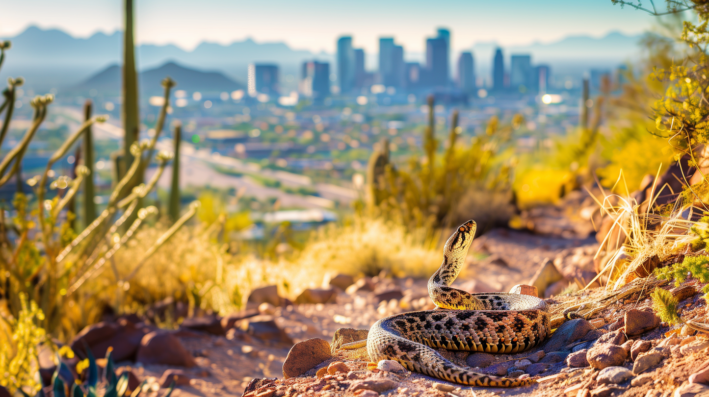 Diamondback Rattlesnake with Urban Skyline on Aluminum Metal Frame