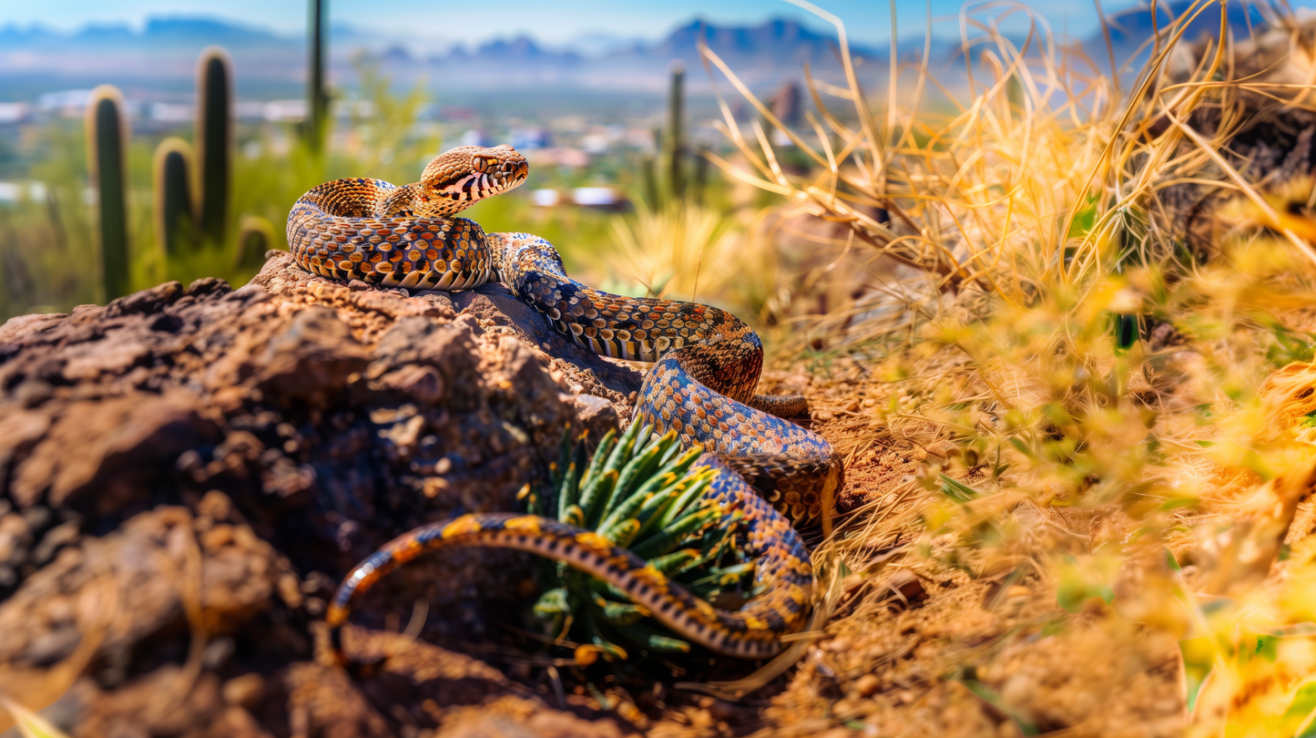 Desert Guardian - Diamondback Rattlesnake Overlooking Cityscape on Aluminum Metal Frame