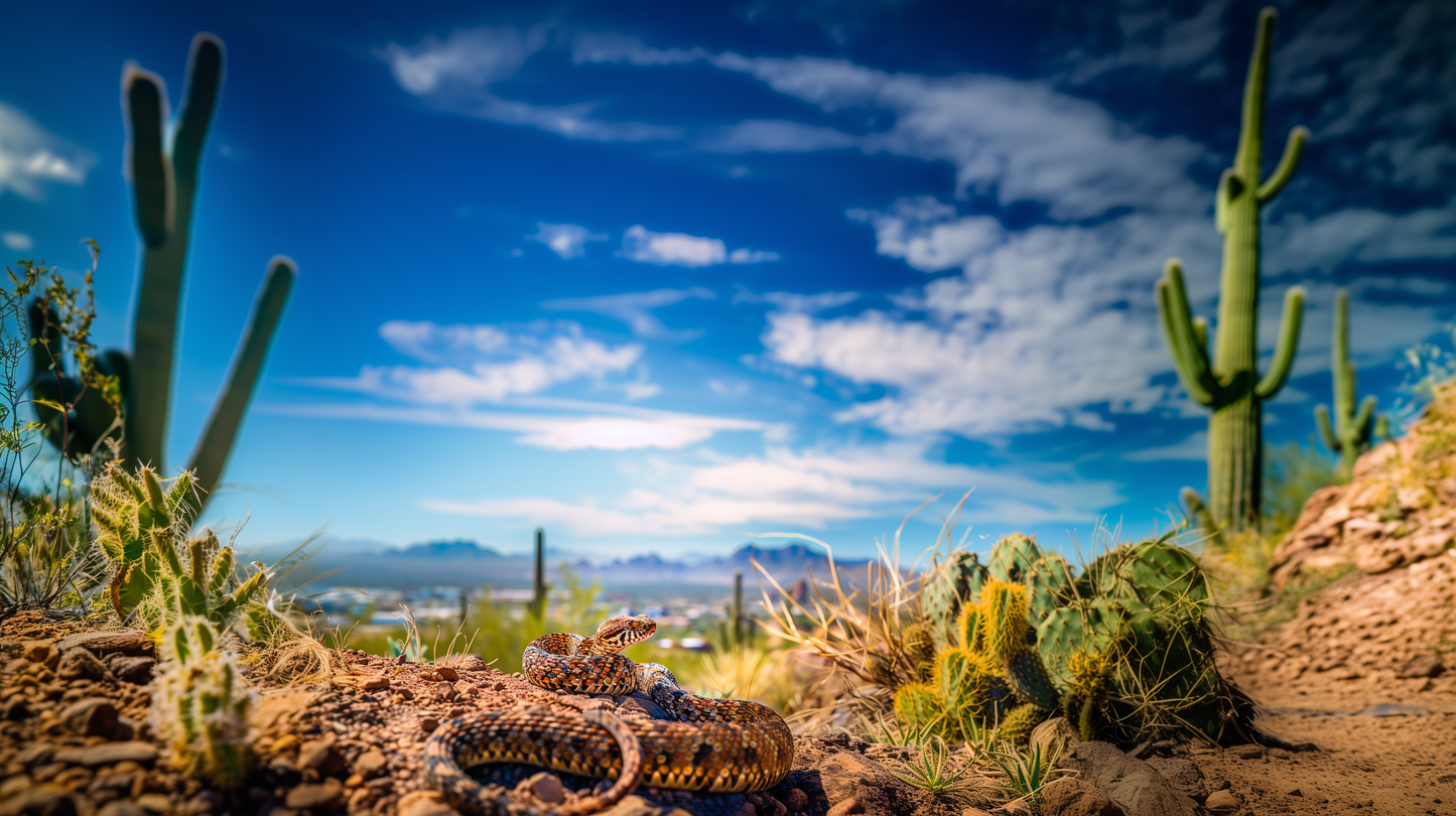 Cityscape Sentinel - Diamondback Rattlesnake and Urban Horizon on Aluminum Metal Frame