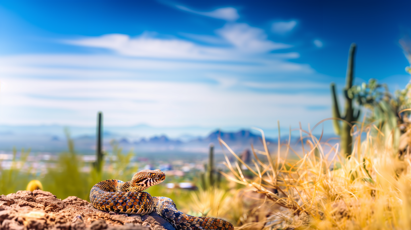 Desert Majesty - Diamondback Rattlesnake and Urban Backdrop on Aluminum Metal Frame