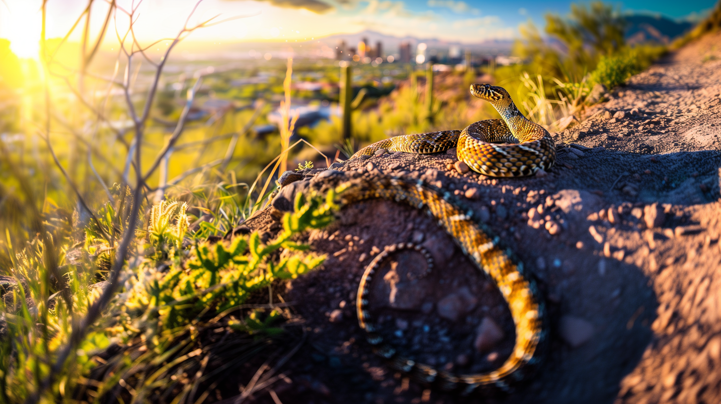 Sunset Vigil - Diamondback Rattlesnake and Cityscape on Aluminum Metal Frame