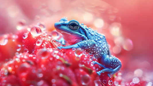 Vibrant Blue Frog on Dewy Strawberry Aluminum Wall Art | High-Resolution Nature Art for Home Decor