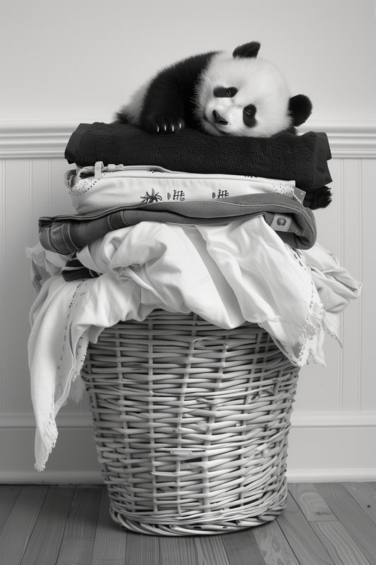 Adorable Panda on Laundry Basket Aluminum Wall Art - High-Detail Black and White Print for Home Decor