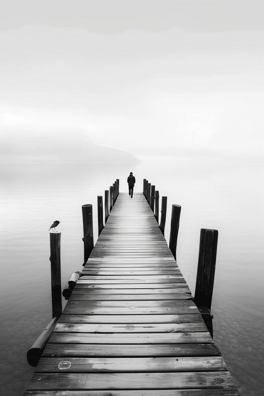 Serene Pier Black and White Aluminum Wall Art - High-Detail Tranquil Landscape Print for Home Decor