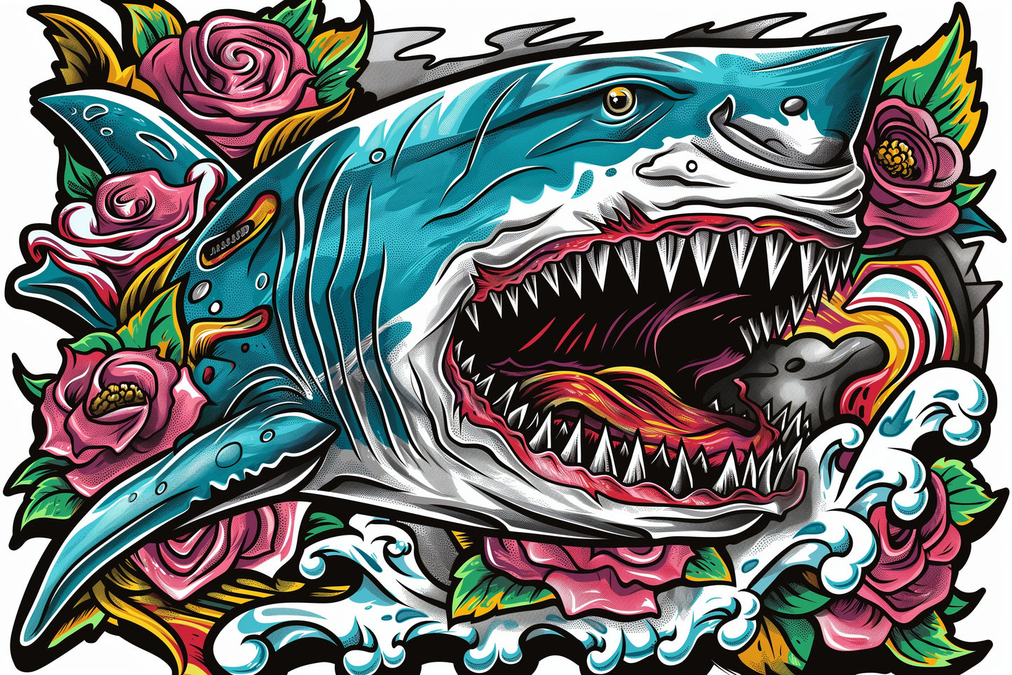 Bold Shark and Roses Aluminum Wall Art - High-Detail Print for Edgy Home and Office Decor