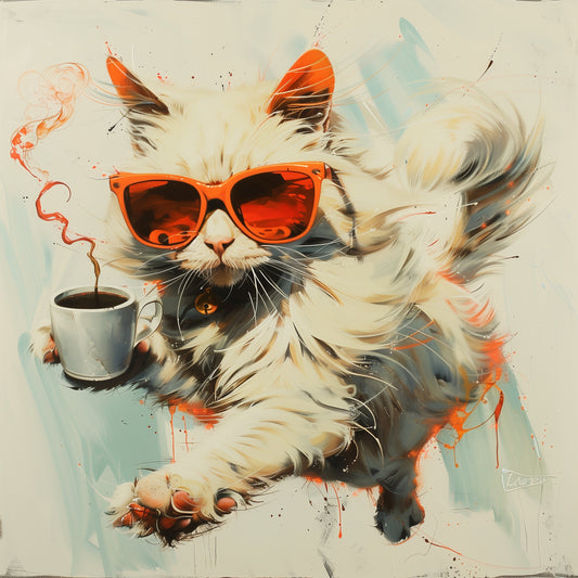 Cool Cat with Coffee Aluminum Metal Wall Art - Funky and Stylish Home Decor