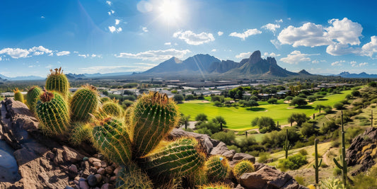 Scenic Desert Golf Course Landscape Wall Art on Aluminum Frame - Cactus and Mountains Décor