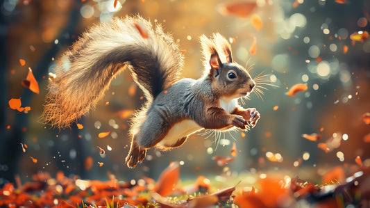 Adorable Squirrel Leaping Through Autumn Leaves Wall Art