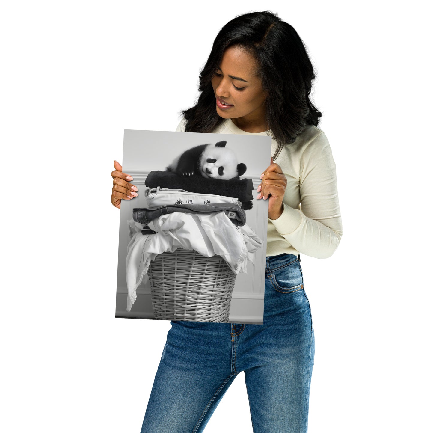 Adorable Panda on Laundry Basket Aluminum Wall Art - High-Detail Black and White Print for Home Decor