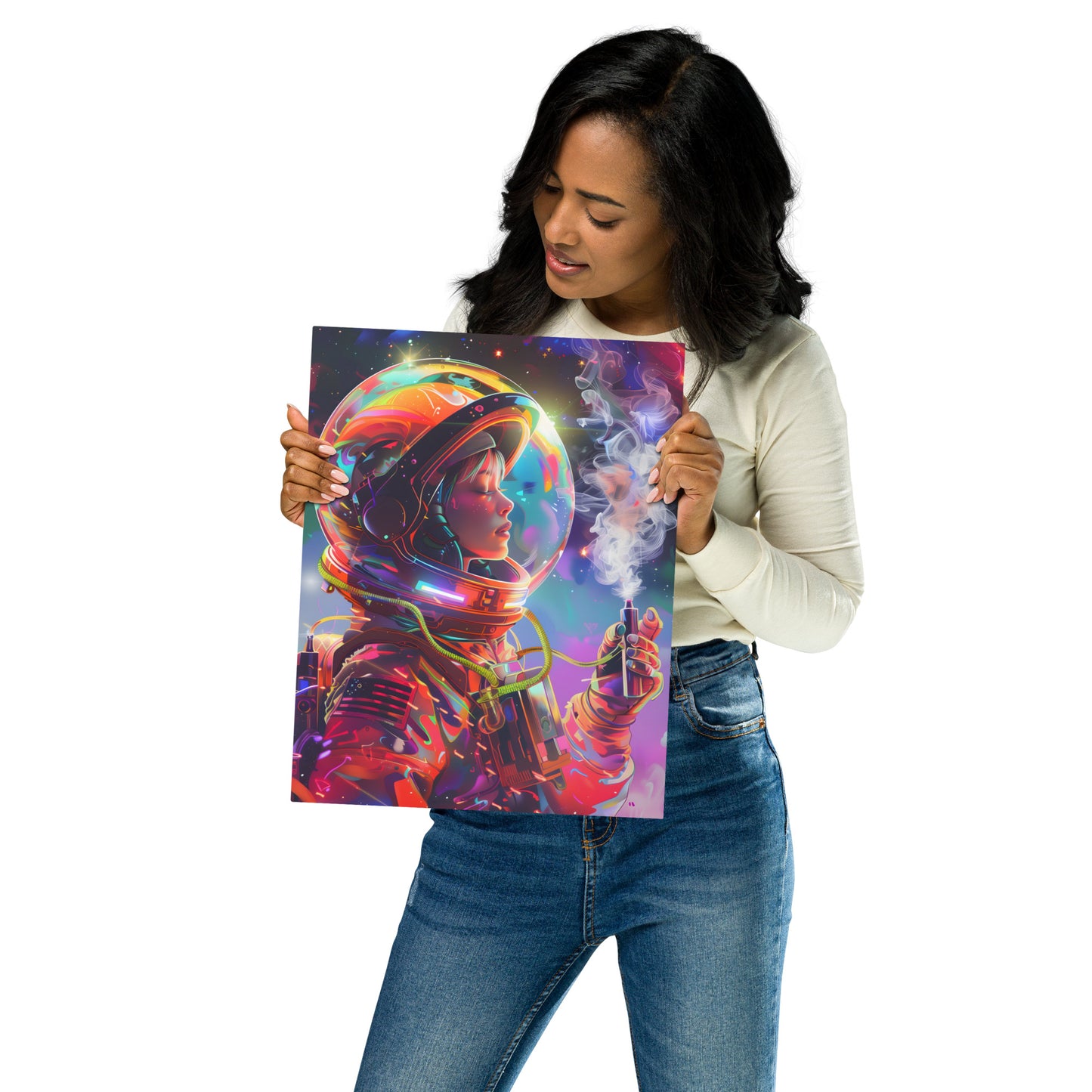 Vibrant Female Astronaut Aluminum Wall Art - High-Detail Cosmic Print for Space Enthusiasts