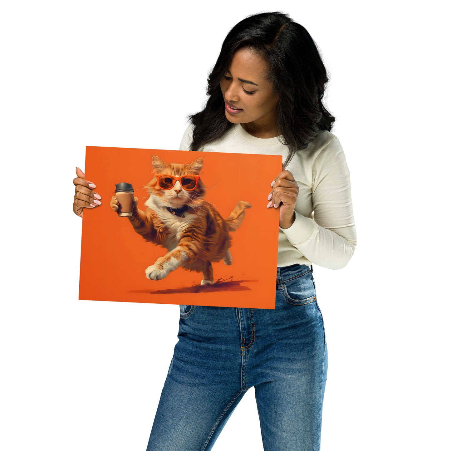 Vibrant Cat in Orange Hoodie Metal Wall Art - Playful and Trendy Decor