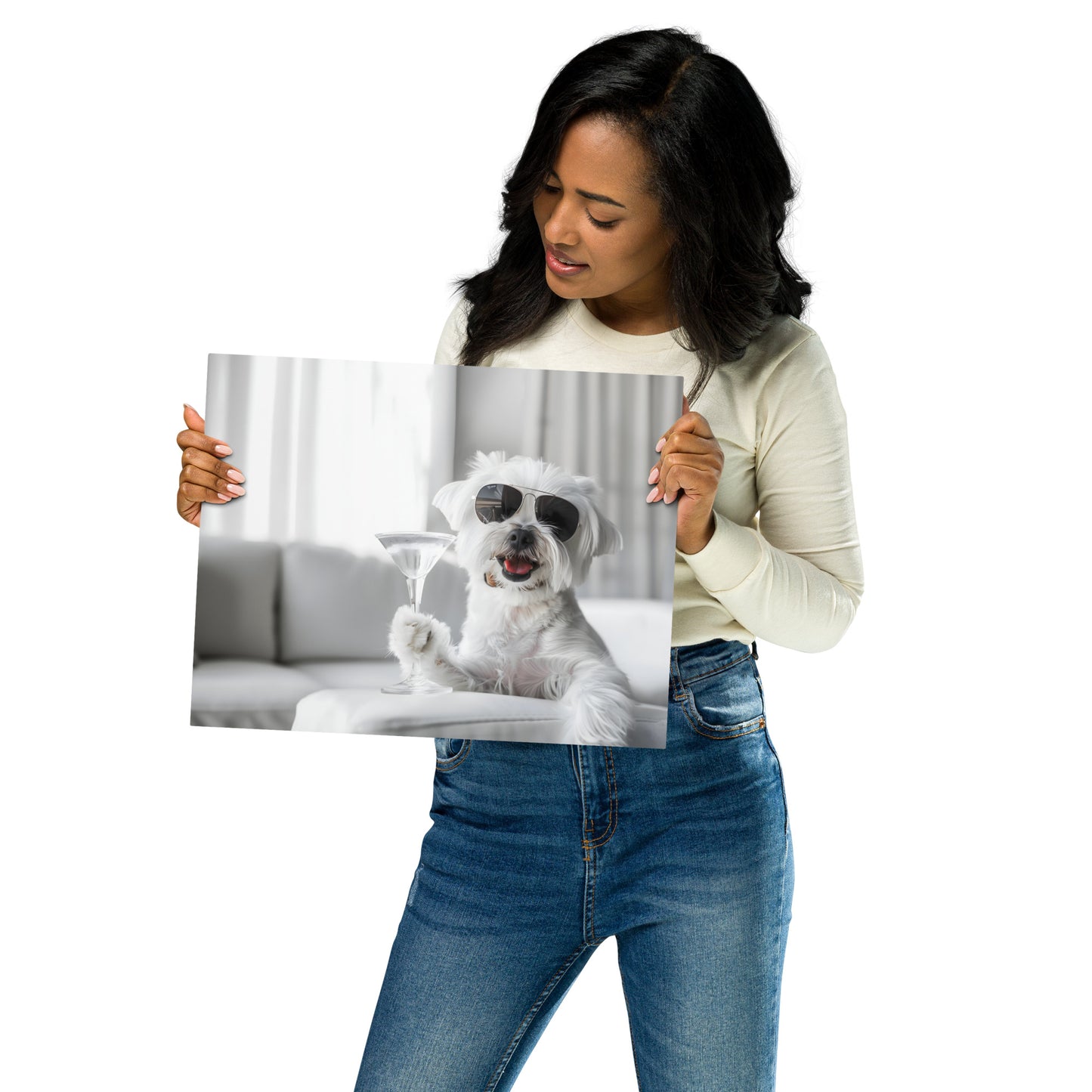 Sophisticated Paws - Maltese Dog with Martini Glass on Aluminum Metal Frame