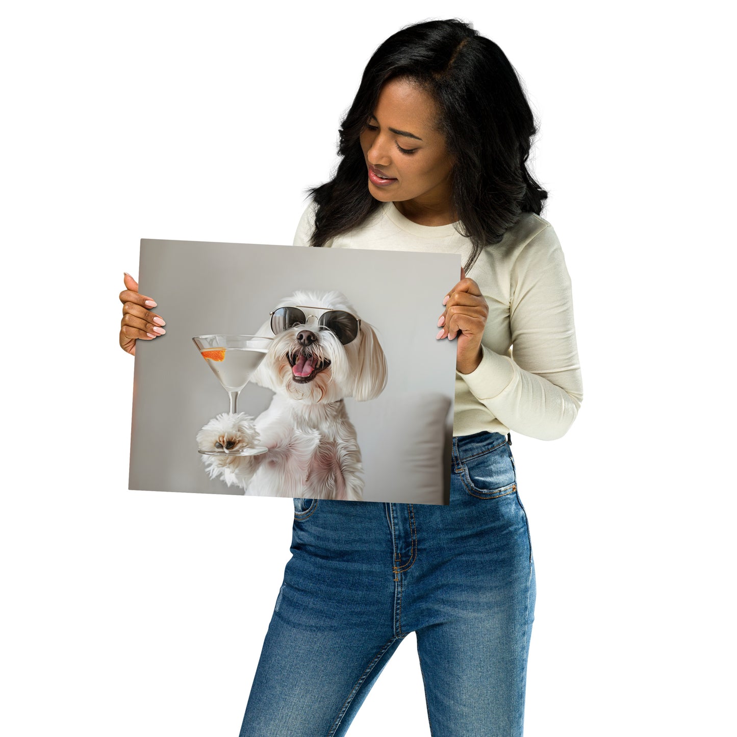 Cheers to Canine Joy - Maltese Dog with Cocktail on Aluminum Metal Frame