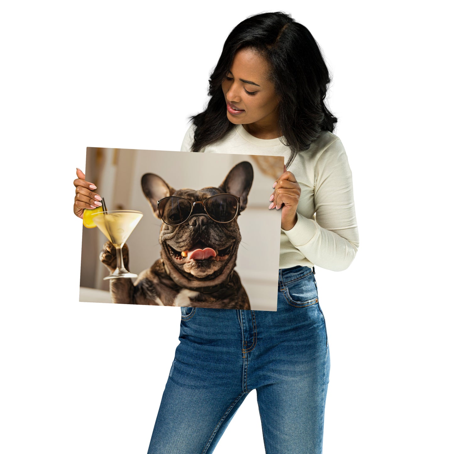 Fun French Bulldog with Martini Metal Wall Art - Quirky Pet Portrait on Aluminum Frame