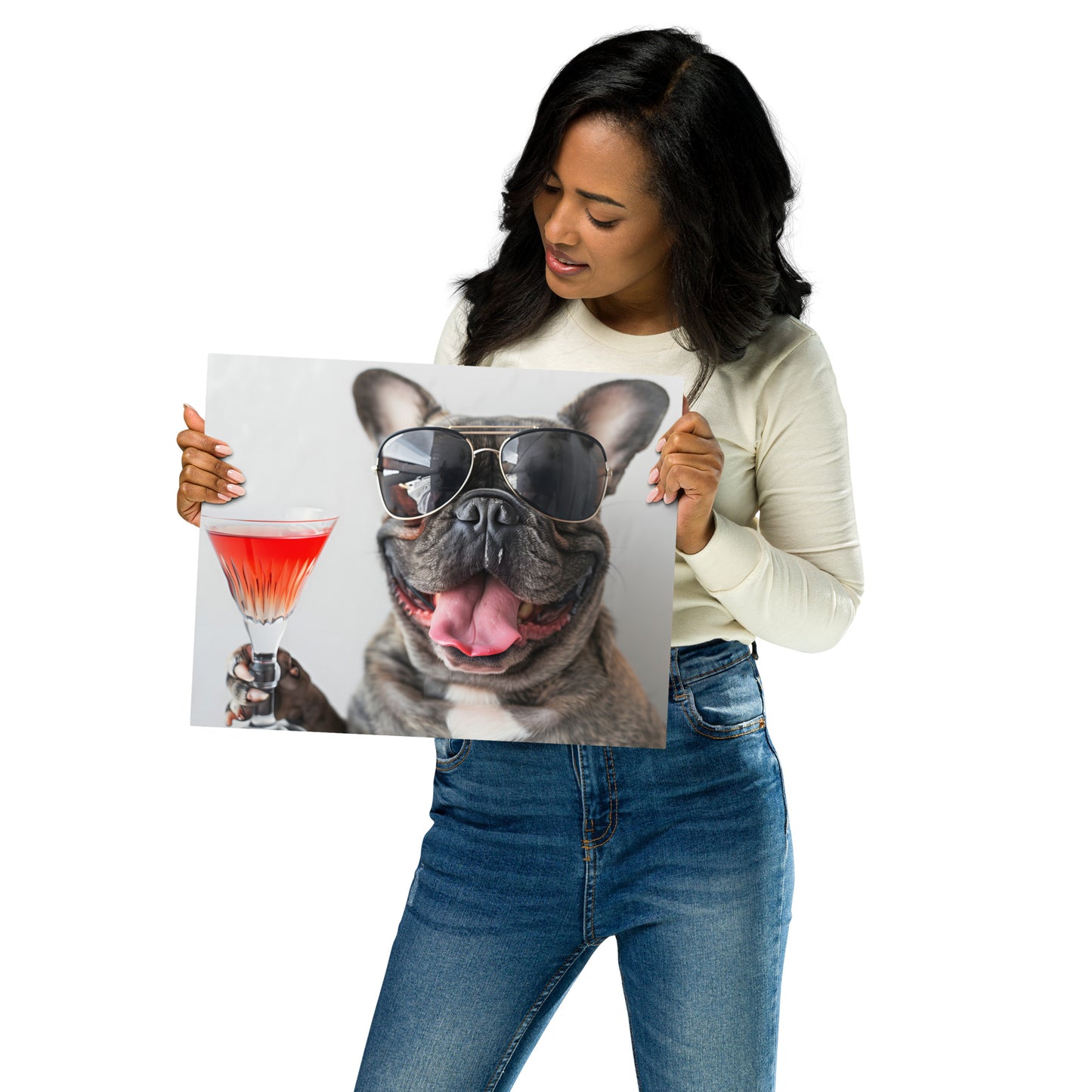 Trendy French Bulldog with Martini Metal Wall Art - Cool Pet Portrait on Aluminum Frame