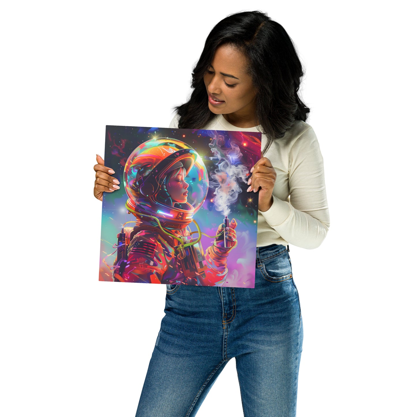 Vibrant Female Astronaut Aluminum Wall Art - High-Detail Cosmic Print for Space Enthusiasts