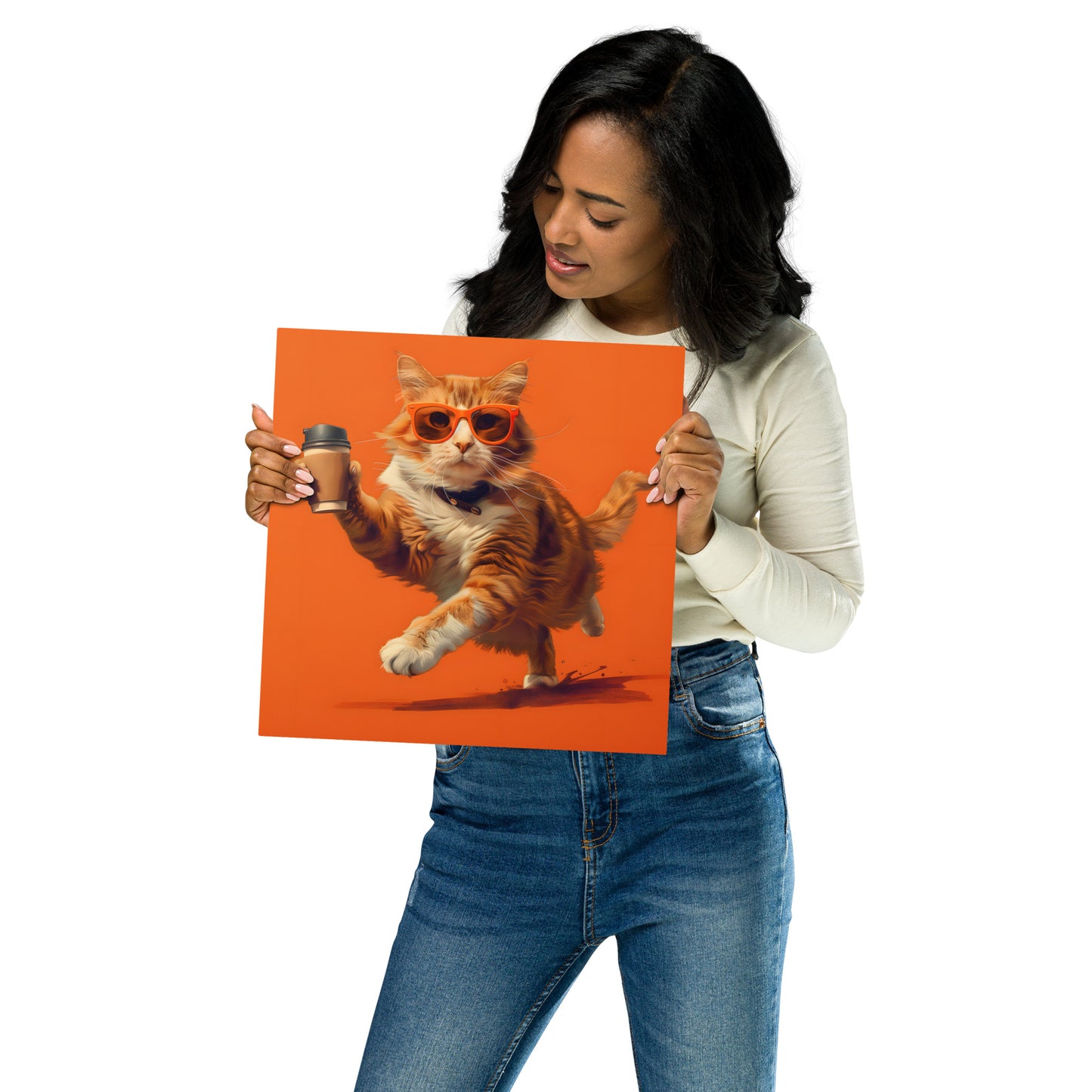 Vibrant Cat in Orange Hoodie Metal Wall Art - Playful and Trendy Decor