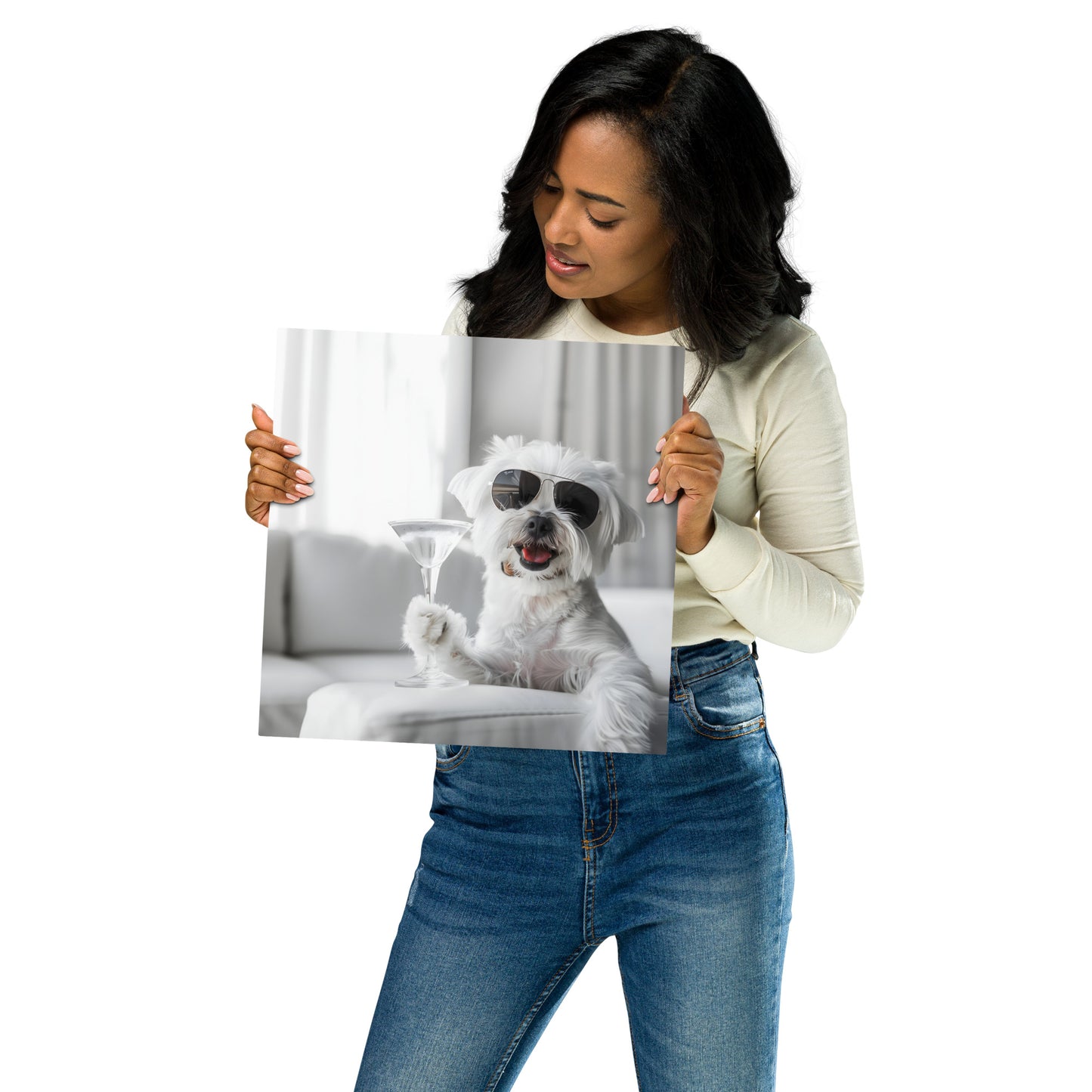 Sophisticated Paws - Maltese Dog with Martini Glass on Aluminum Metal Frame