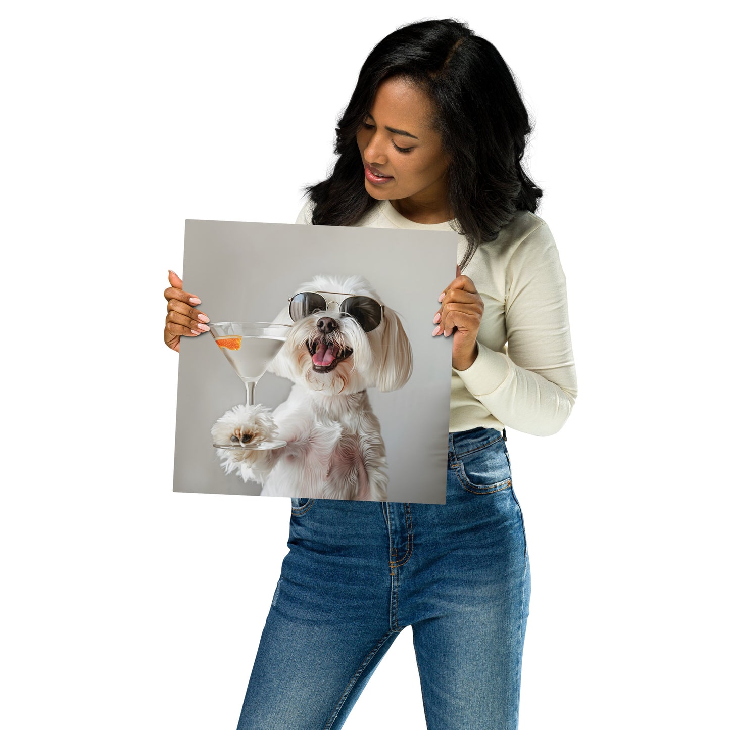 Cheers to Canine Joy - Maltese Dog with Cocktail on Aluminum Metal Frame