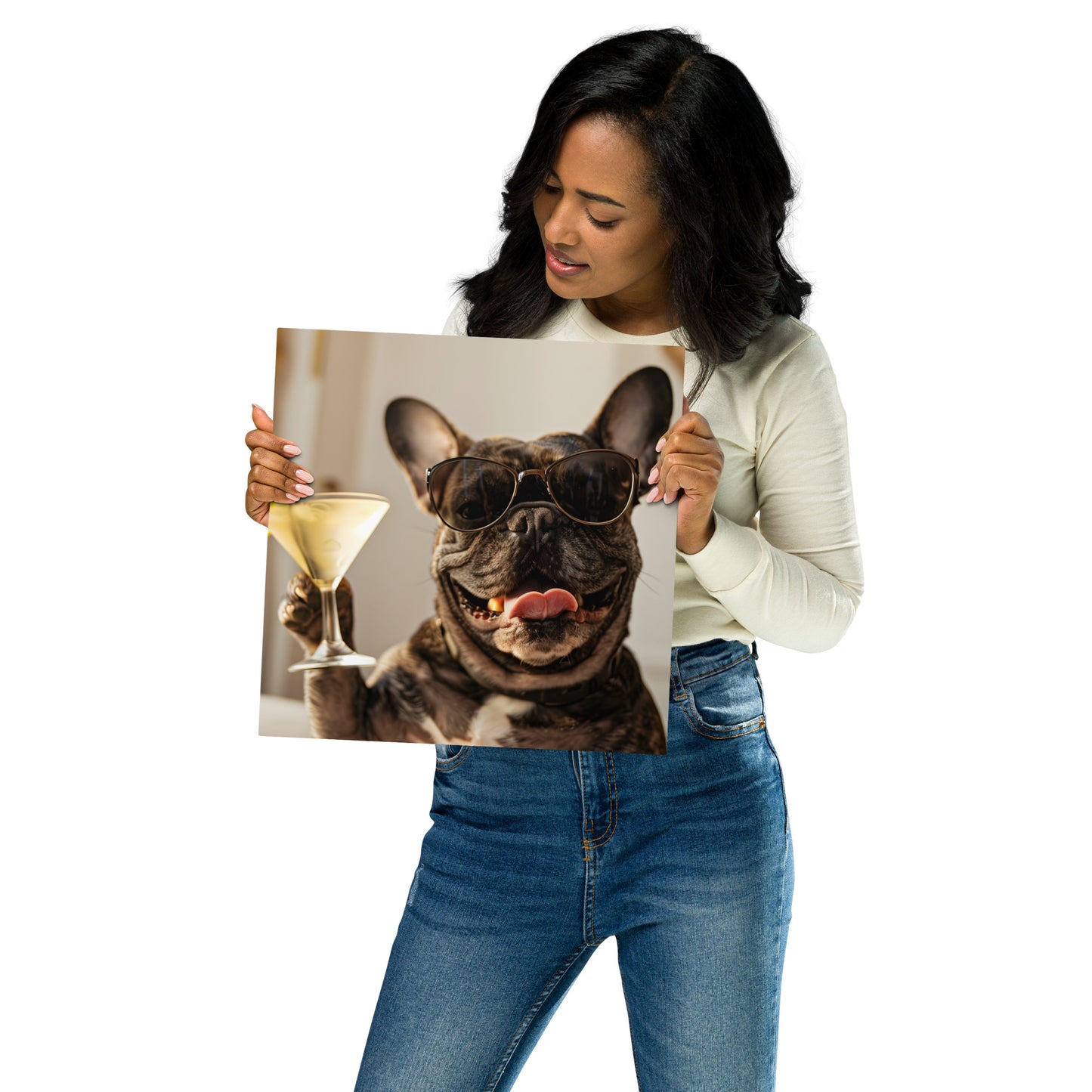 Fun French Bulldog with Martini Metal Wall Art - Quirky Pet Portrait on Aluminum Frame