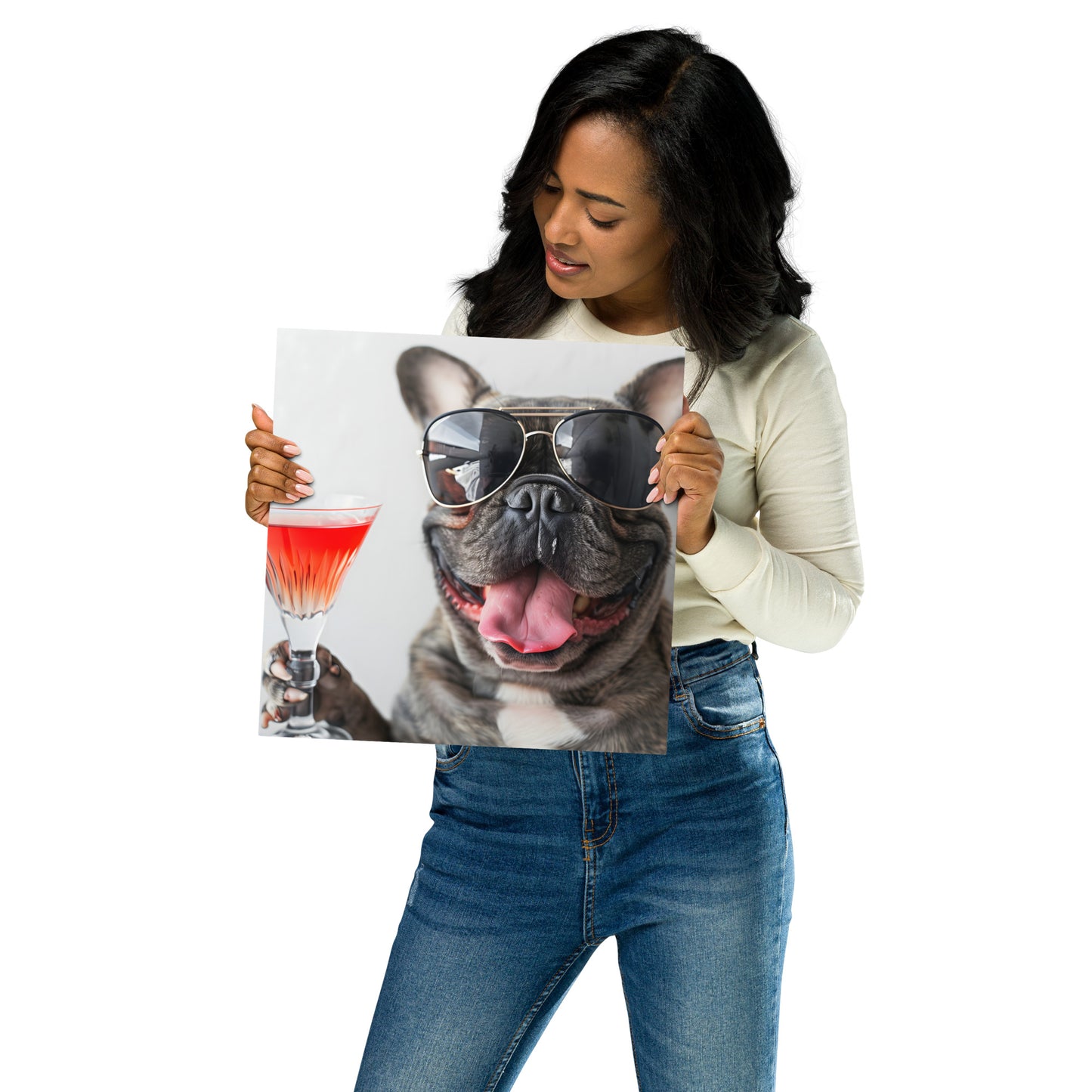 Trendy French Bulldog with Martini Metal Wall Art - Cool Pet Portrait on Aluminum Frame