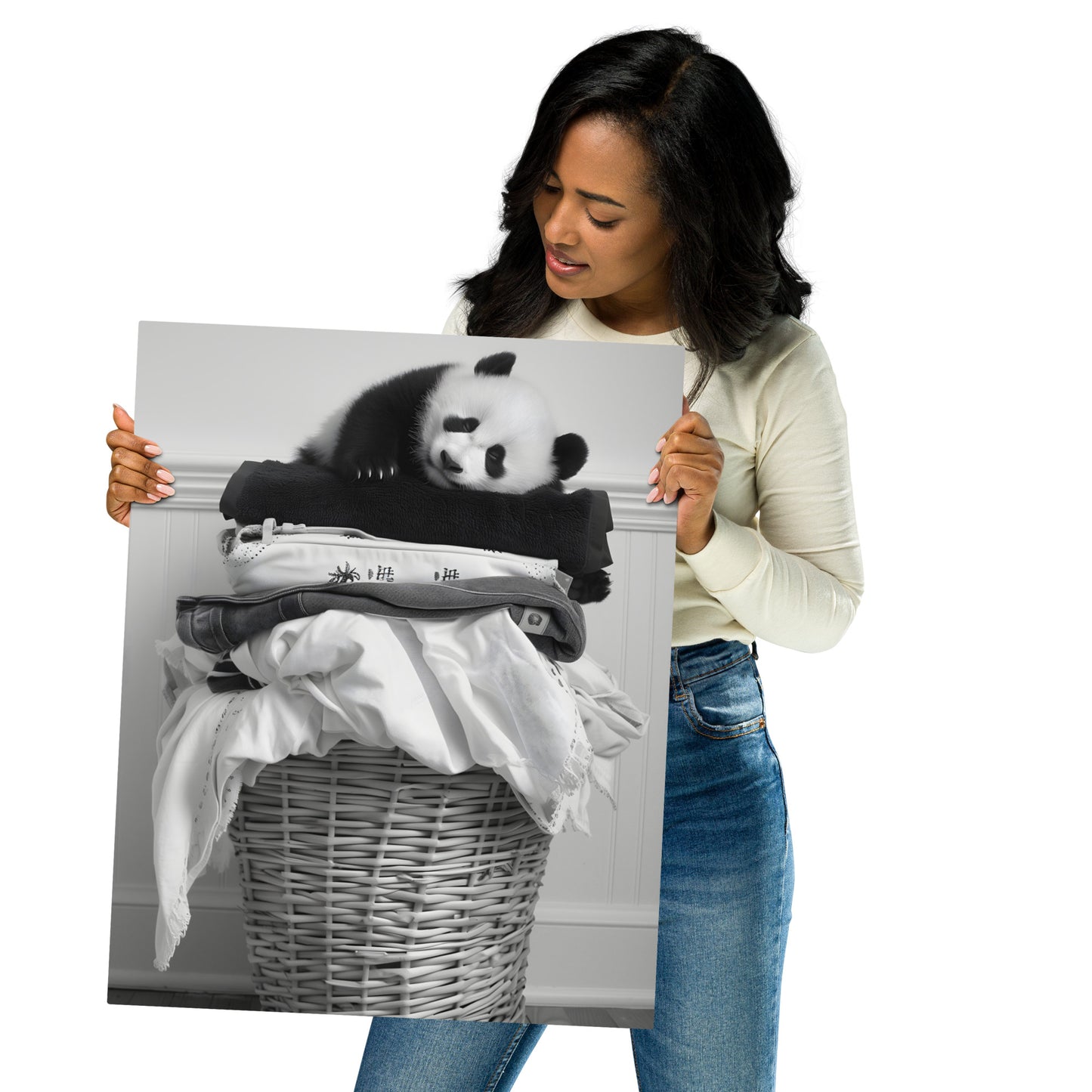 Adorable Panda on Laundry Basket Aluminum Wall Art - High-Detail Black and White Print for Home Decor