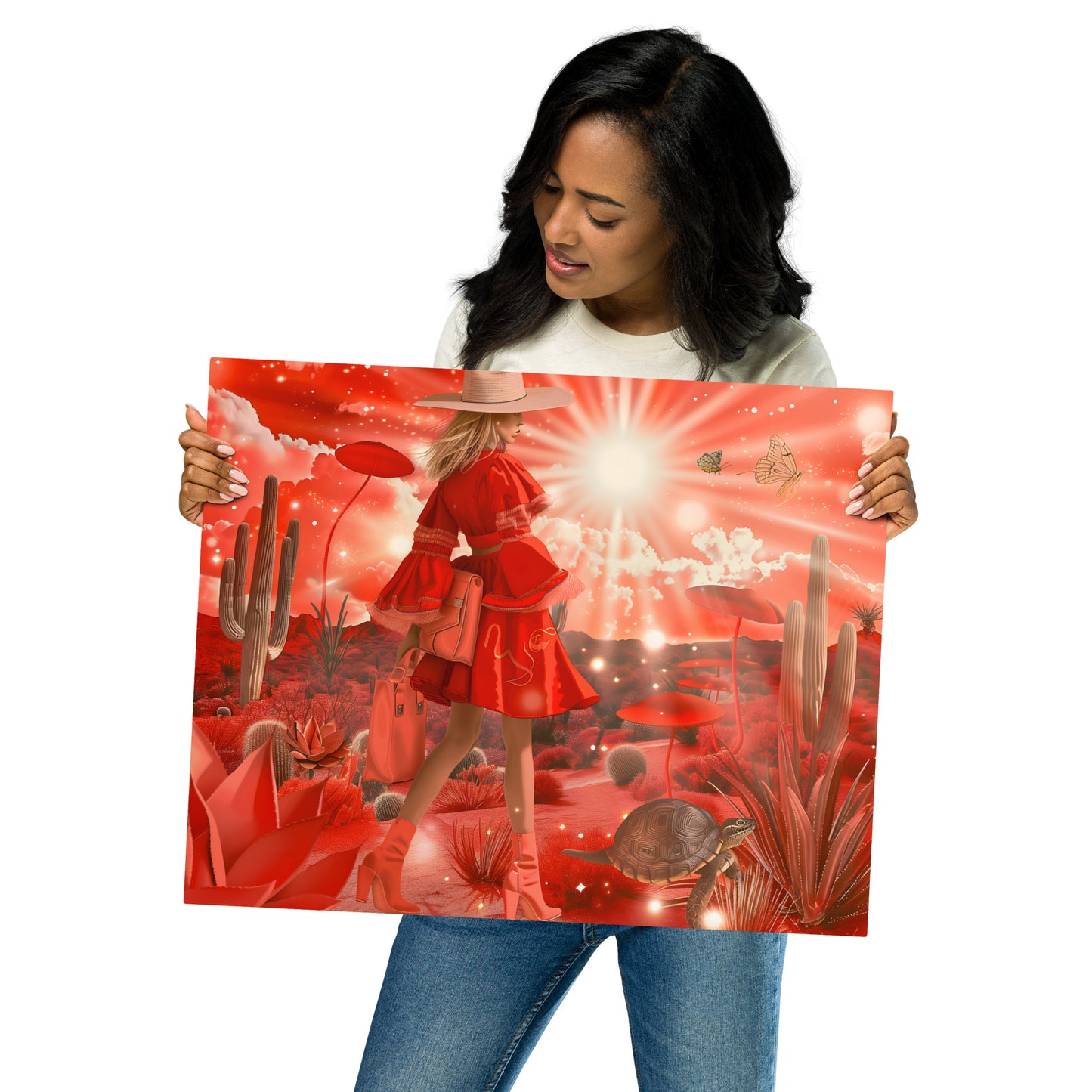 Red Desert Elegance Aluminum Wall Artwork | Fashionable Woman in a Desert Scene | Vibrant Wall Art