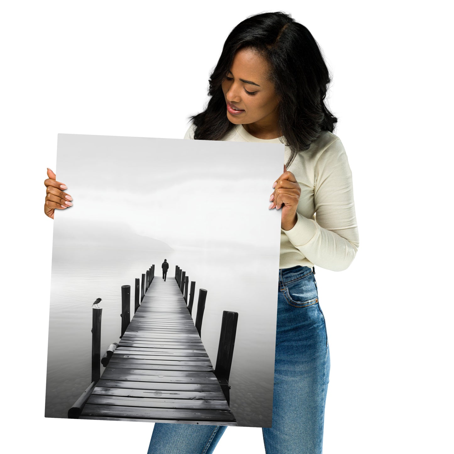 Serene Pier Black and White Aluminum Wall Art - High-Detail Tranquil Landscape Print for Home Decor