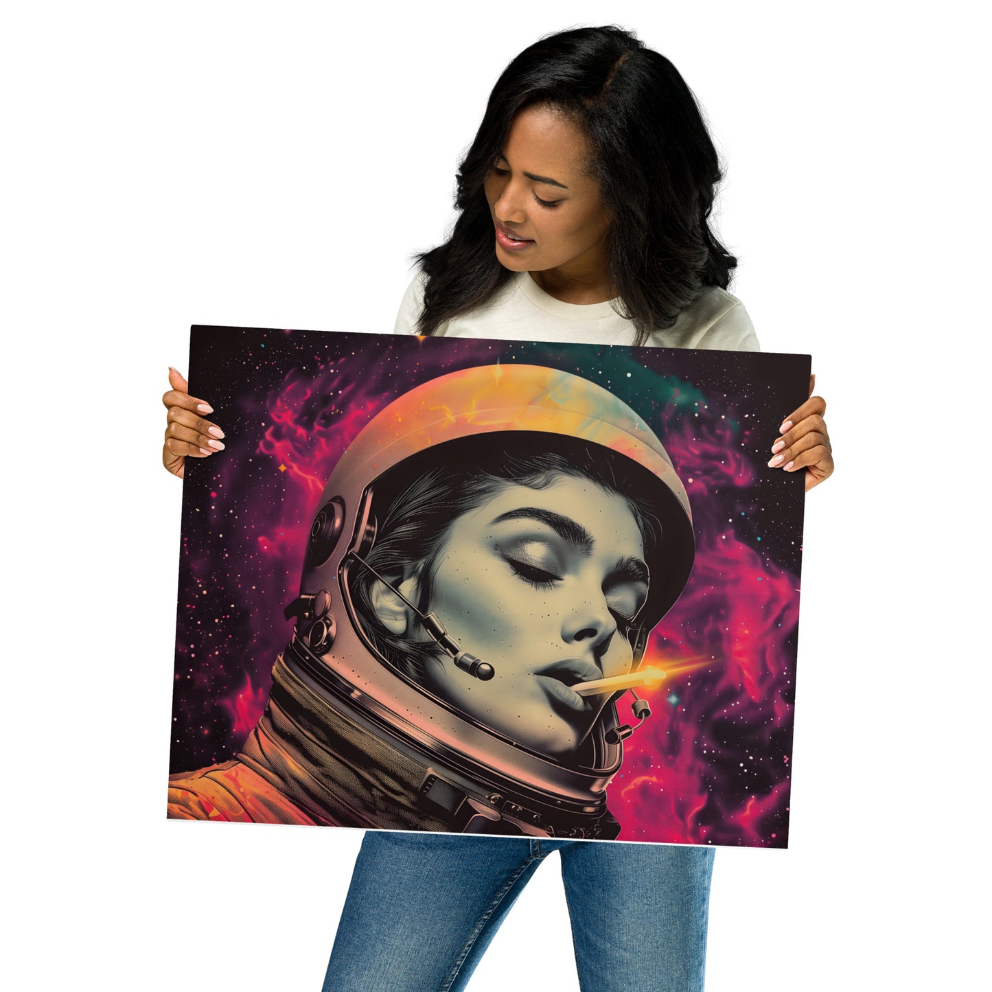 Mystical Female Astronaut Aluminum Wall Art - High-Detail Print for Space and Sci-Fi Enthusiasts