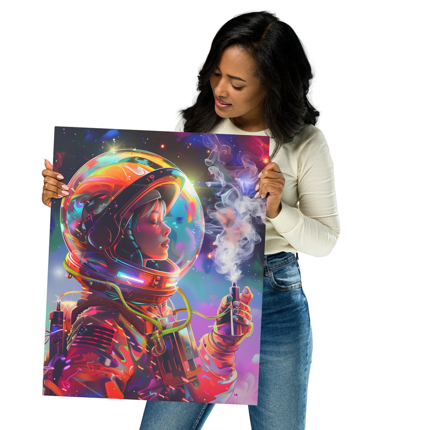 Vibrant Female Astronaut Aluminum Wall Art - High-Detail Cosmic Print for Space Enthusiasts