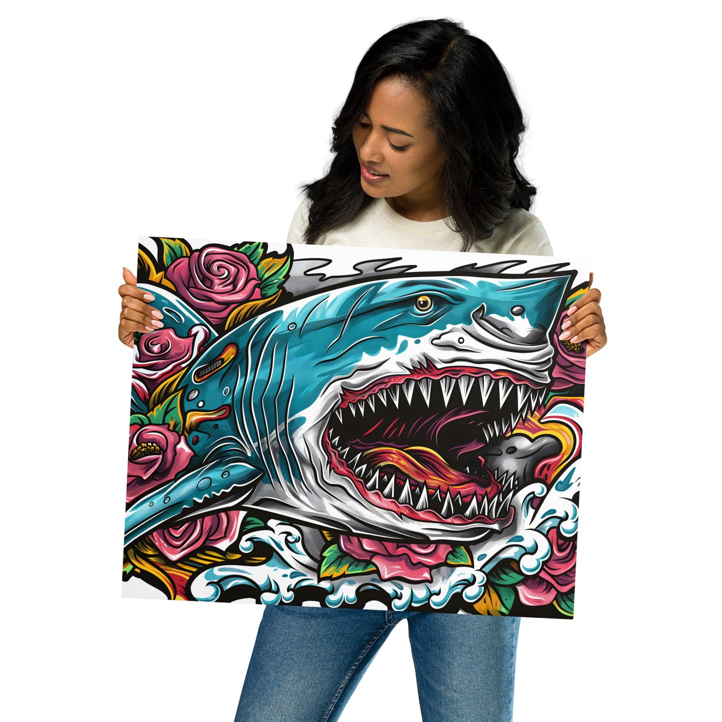 Bold Shark and Roses Aluminum Wall Art - High-Detail Print for Edgy Home and Office Decor