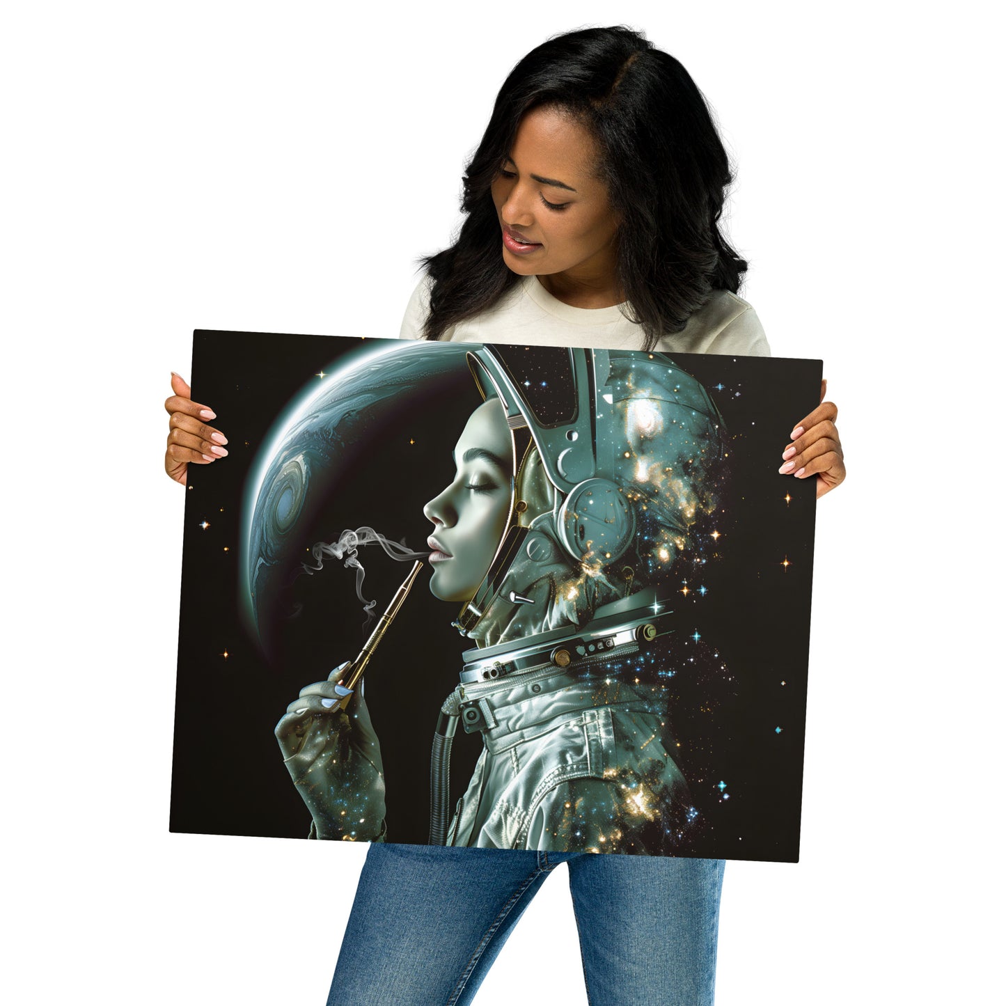 Mystical Female Astronaut Aluminum Wall Art - High-Detail Space Print for Modern Home Decor