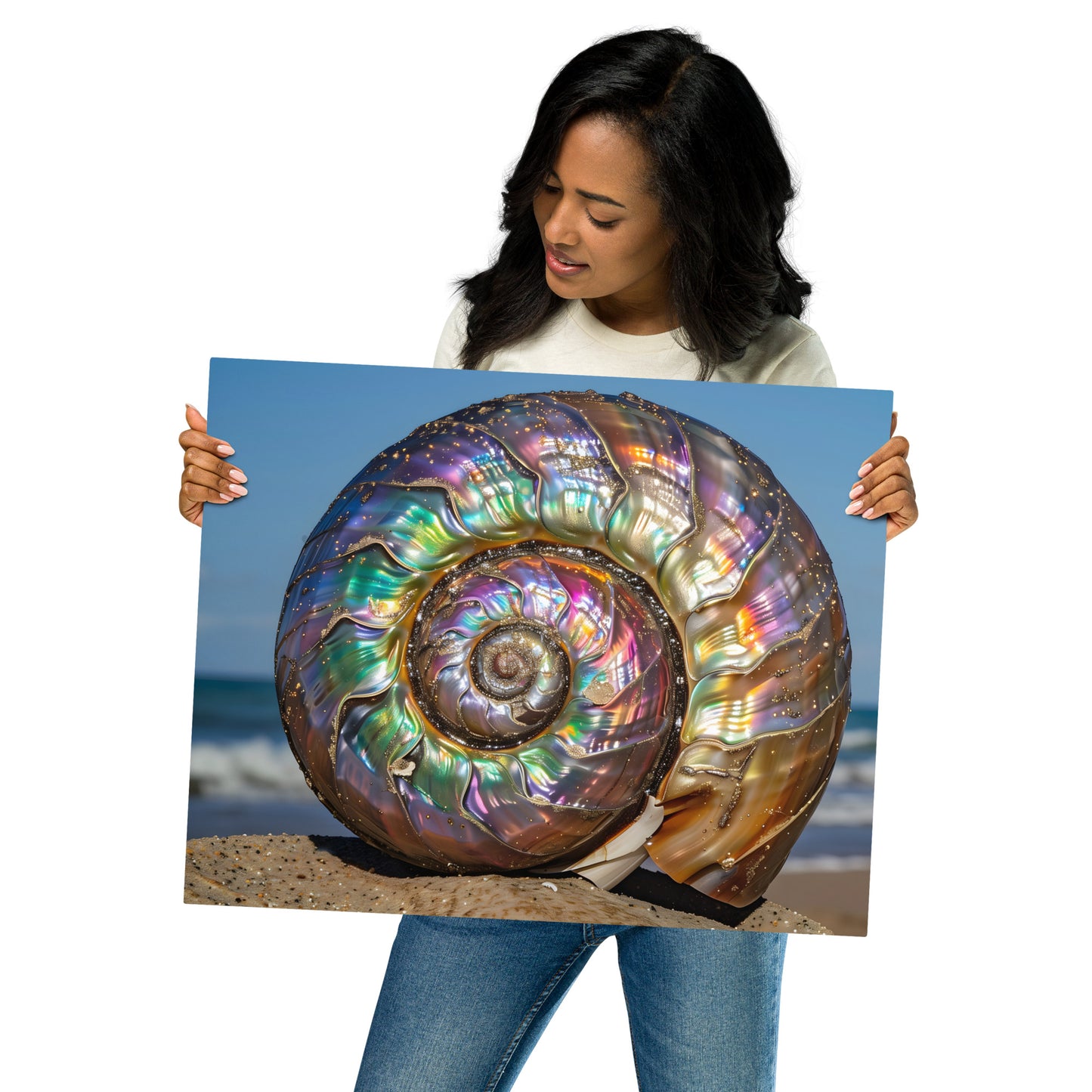 Elegant Rainbow Shell Aluminum Wall Art - Art Nouveau Coastal Decor