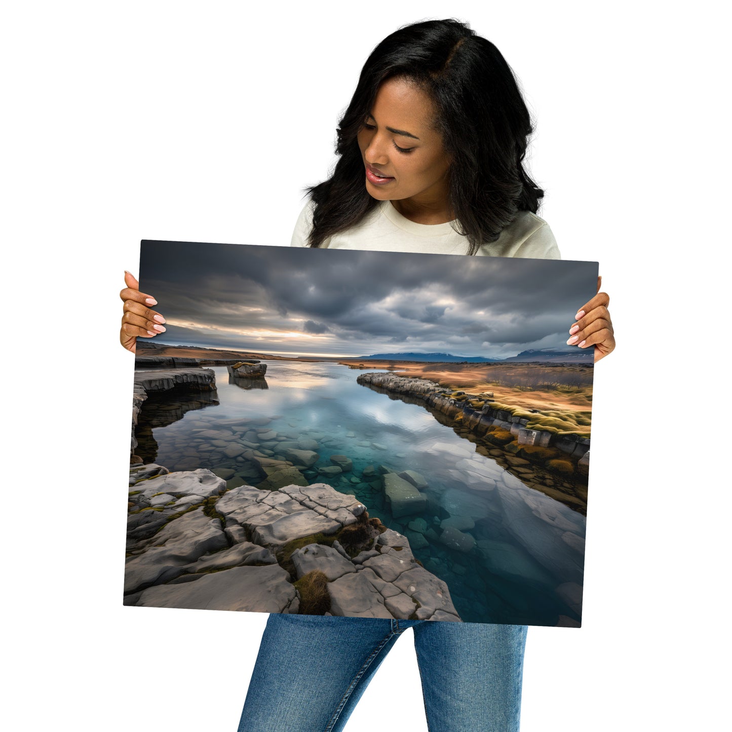 Serene Landscape Metal Print - Crystal Clear River and Rocky Terrain, Customizable and Durable Wall Art