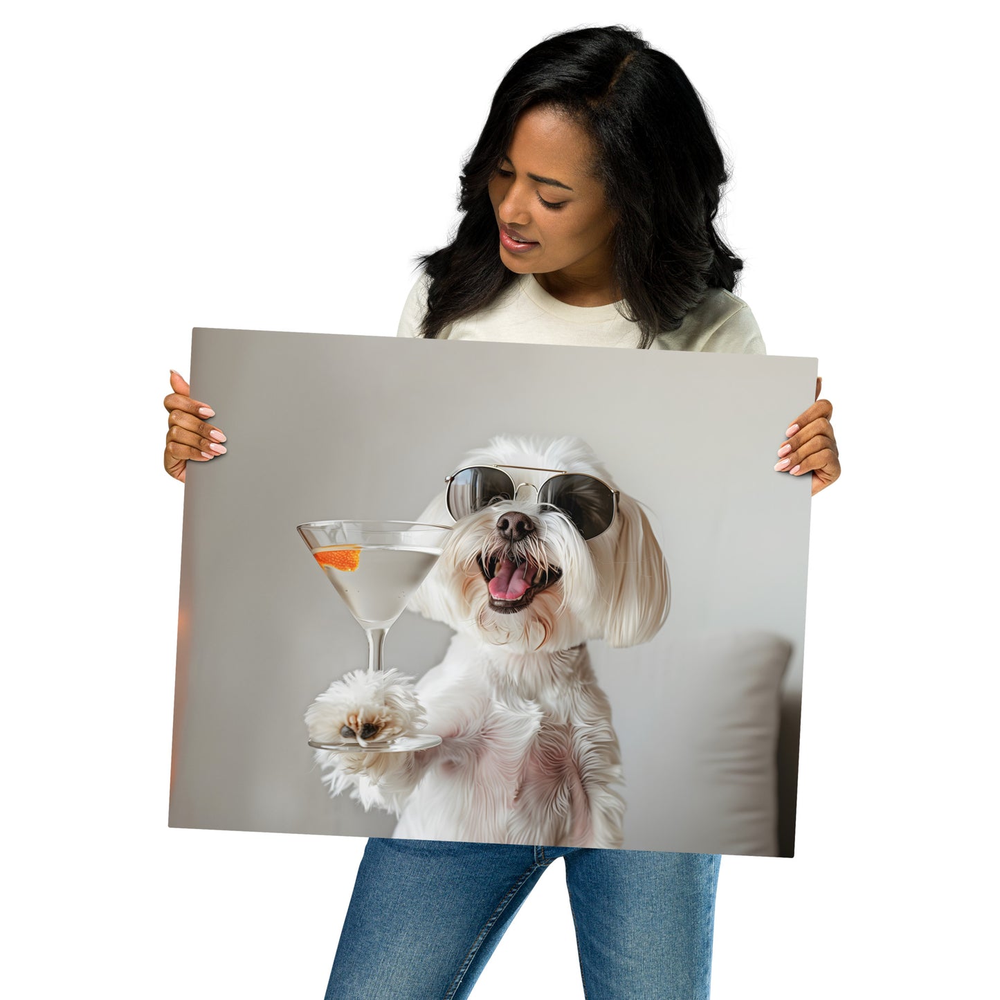 Cheers to Canine Joy - Maltese Dog with Cocktail on Aluminum Metal Frame