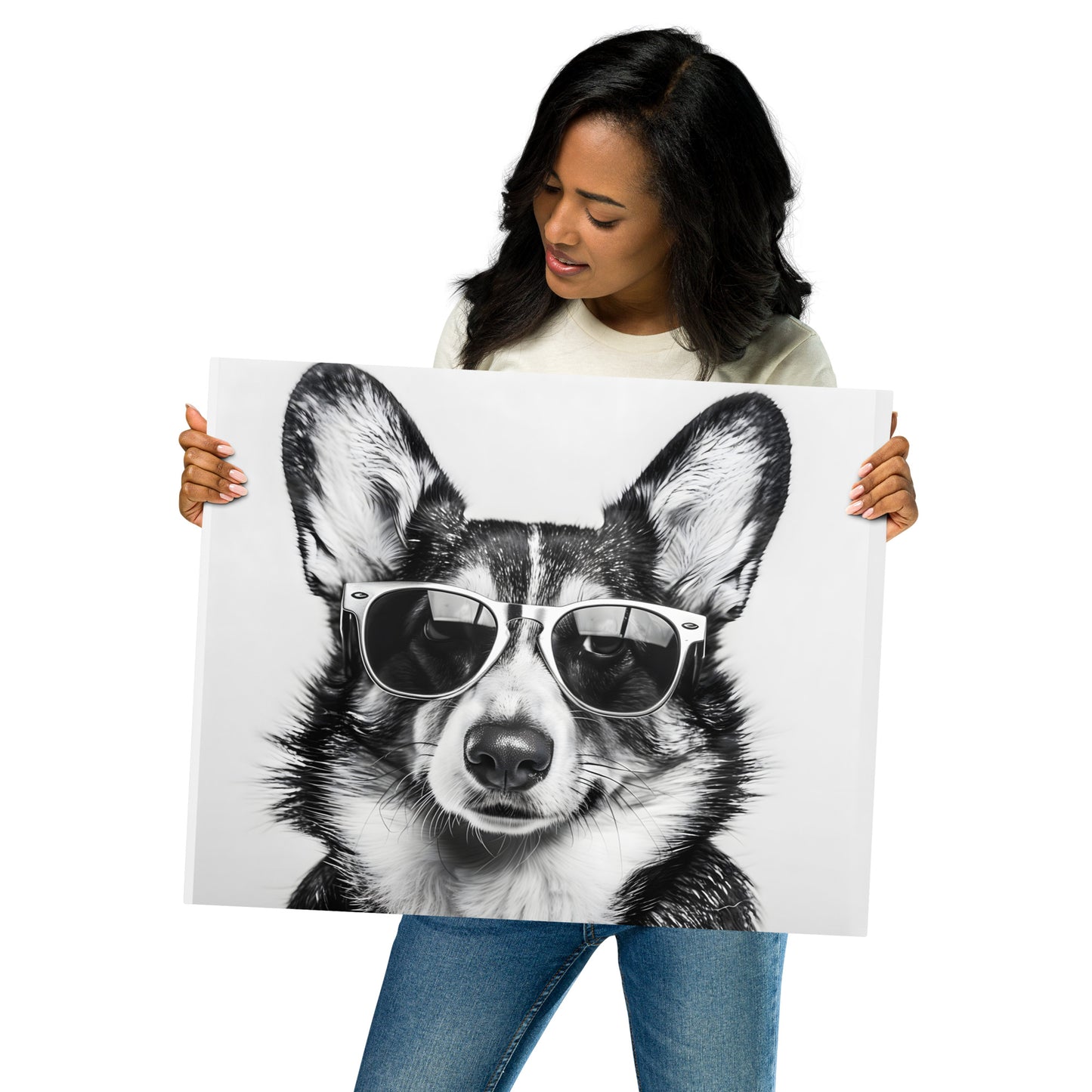 Cool Corgi in Sunglasses - Black and White Aluminum Metal Wall Art - Modern Pet Decor