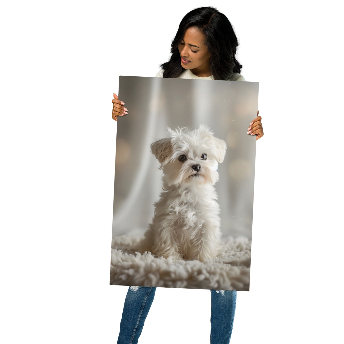 Adorable White Puppy Aluminum Wall Art - High-Detail Pet Portrait for Home Decor