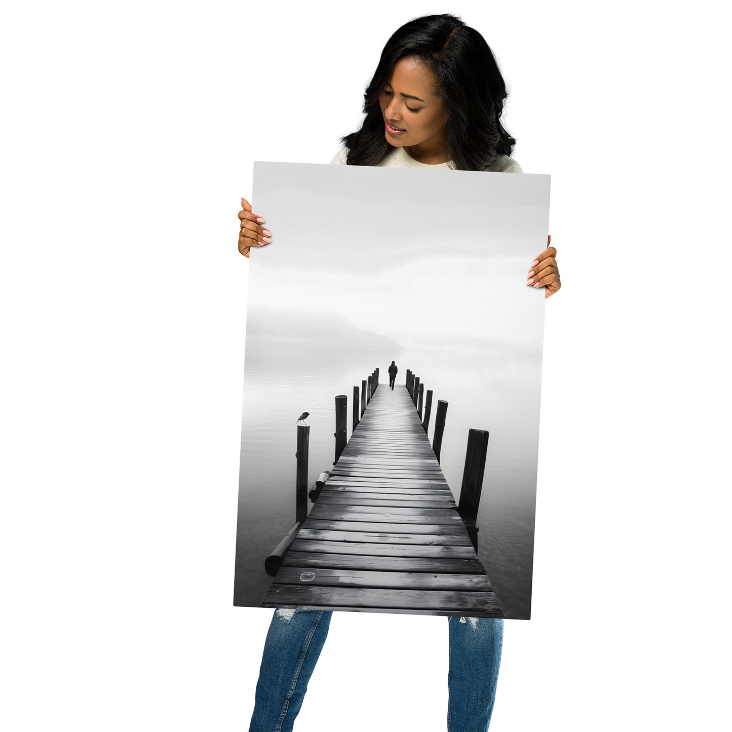 Serene Pier Black and White Aluminum Wall Art - High-Detail Tranquil Landscape Print for Home Decor