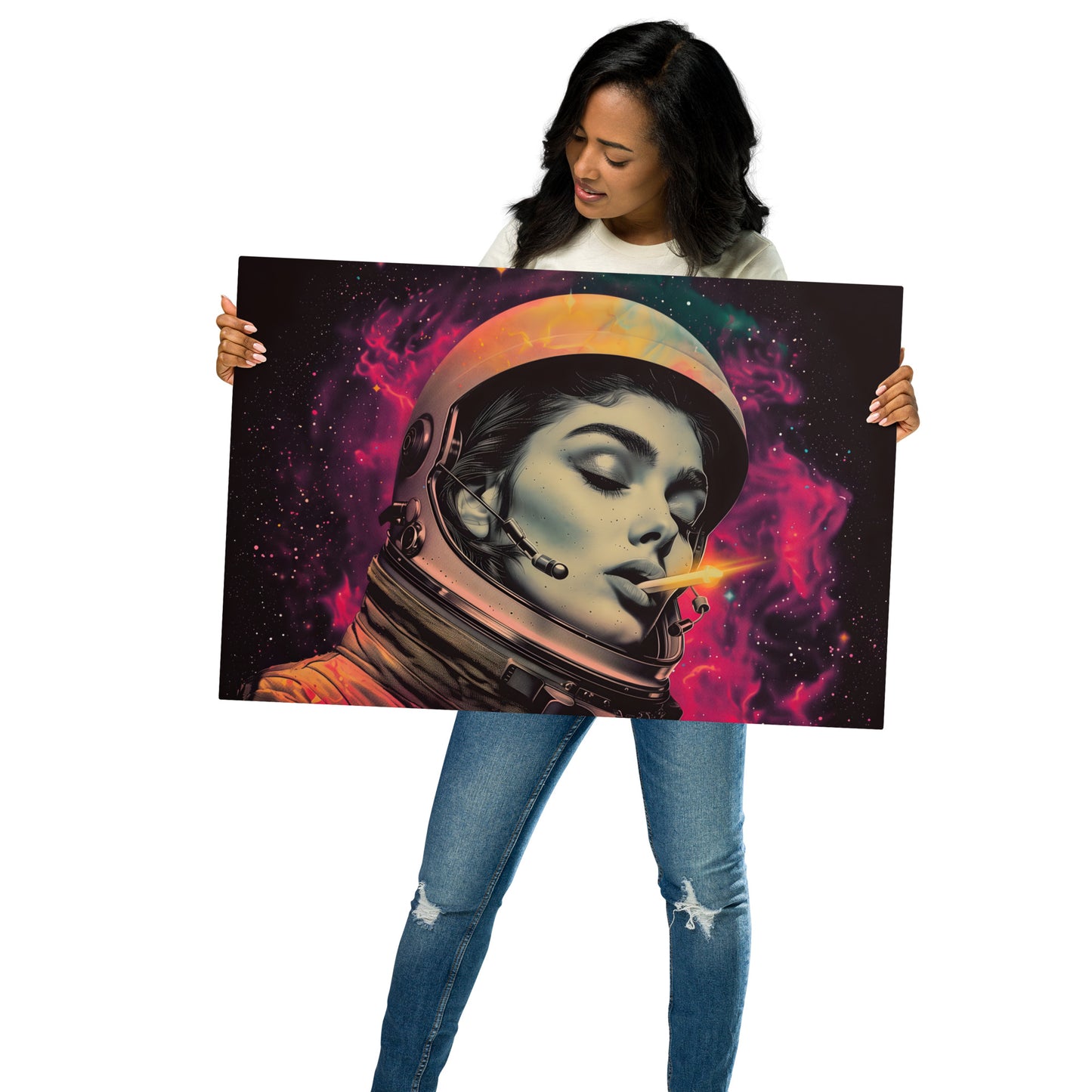 Mystical Female Astronaut Aluminum Wall Art - High-Detail Print for Space and Sci-Fi Enthusiasts