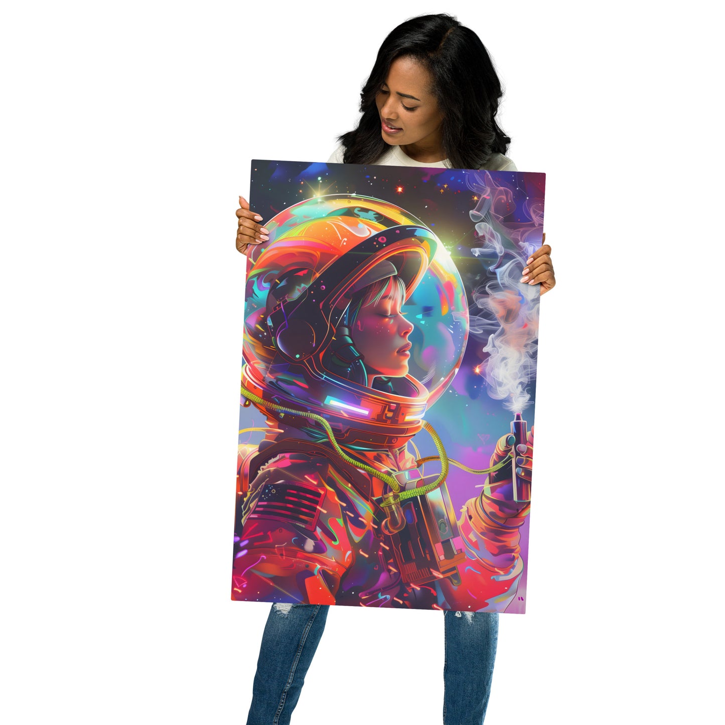 Vibrant Female Astronaut Aluminum Wall Art - High-Detail Cosmic Print for Space Enthusiasts