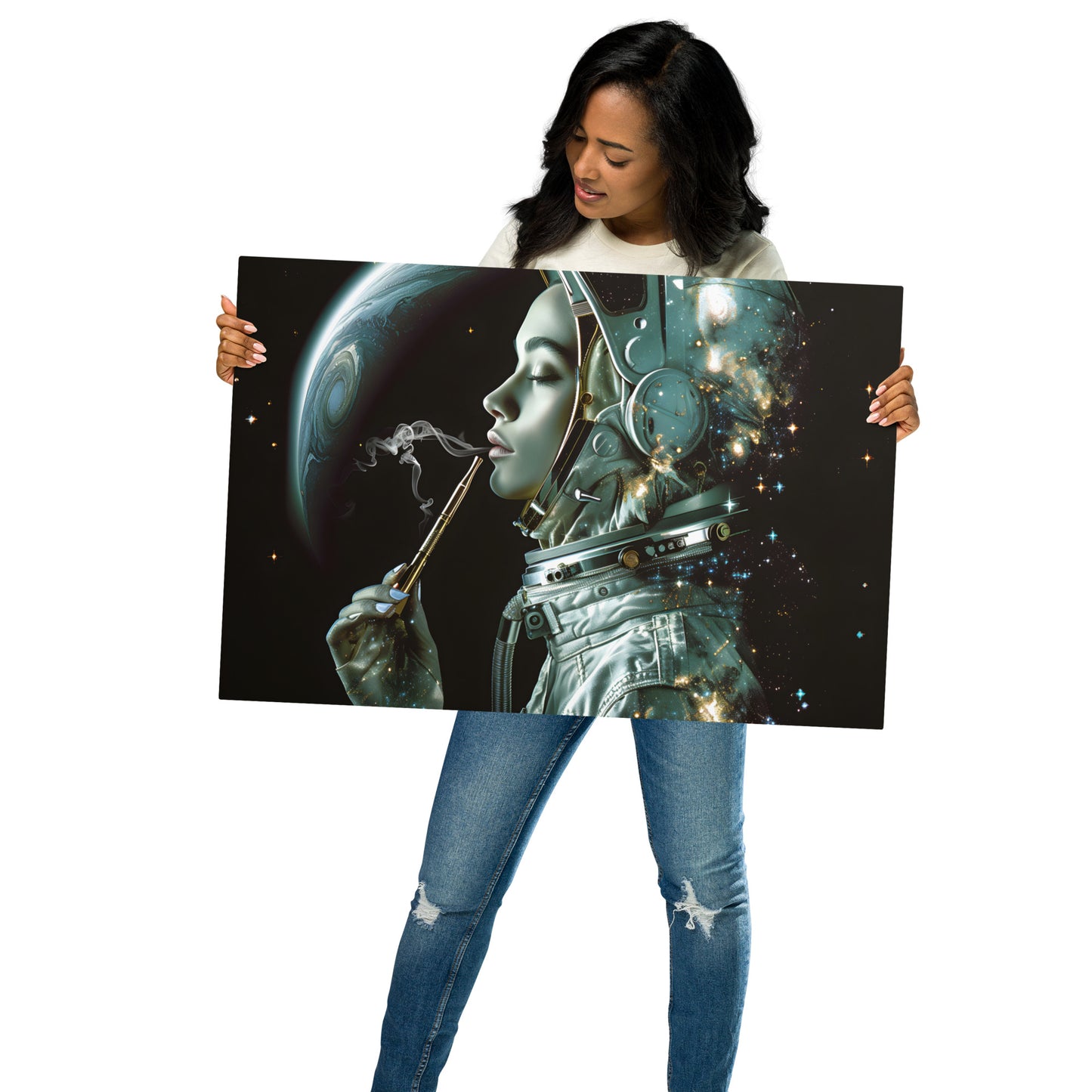 Mystical Female Astronaut Aluminum Wall Art - High-Detail Space Print for Modern Home Decor